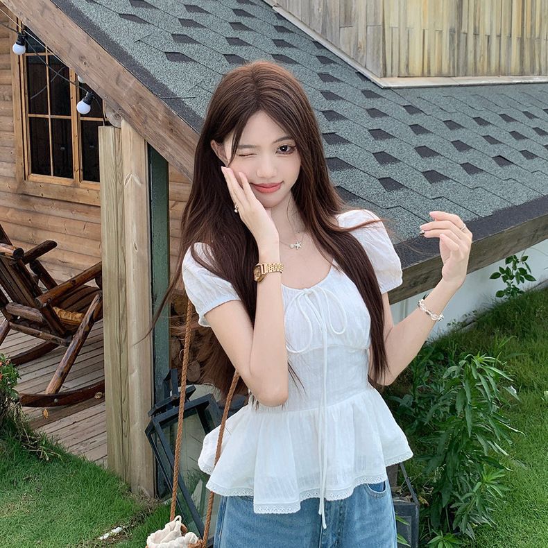 フレンチパフスリーブシャツ女性のための夏の2025新しい韓国スタイルラウンドネックショートウエスト気質純粋な欲望半袖トップ|undefined