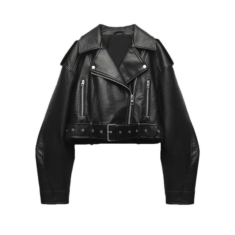 ZA Cross-border European and American 2026 New Women's Retro Motorcycle Leather Jacket Short Belted Faux Leather Bomber Jacket ZA Cross-border European and American 2026 New Women's Retro Motorcycle Leather Jacket Short Belted Faux Leather Bomber Jacket