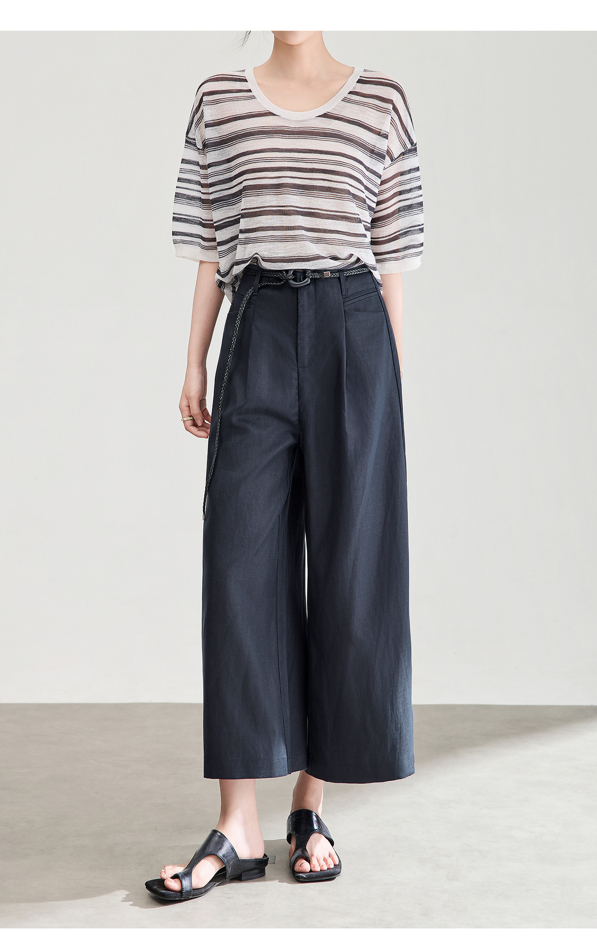 Quần culottes nữ ống rộng chất liệu linen phối sợi tencel, cạp cao dáng suông, mặc mùa hè thoáng mát — Xanh lông mòng đen chi tiết 16