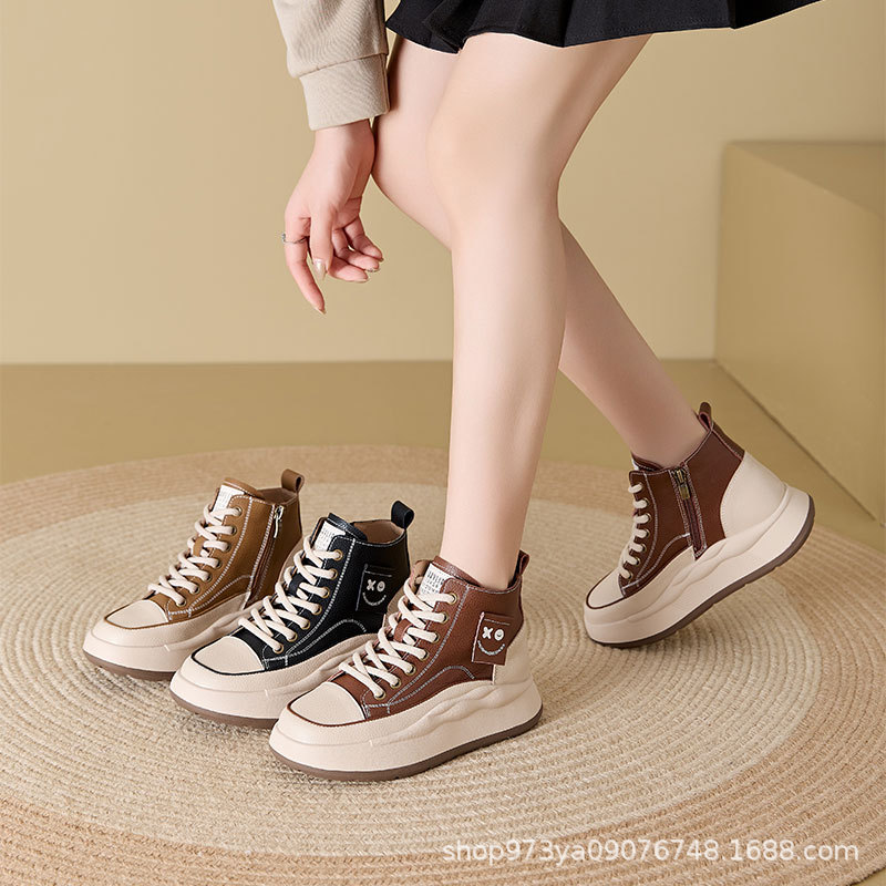 Otoño nuevo cuero casual zapatos individuales para mujeres 2024 pequeño aumento de altura de suela gruesa con cremallera lateral delgada zapatos 550