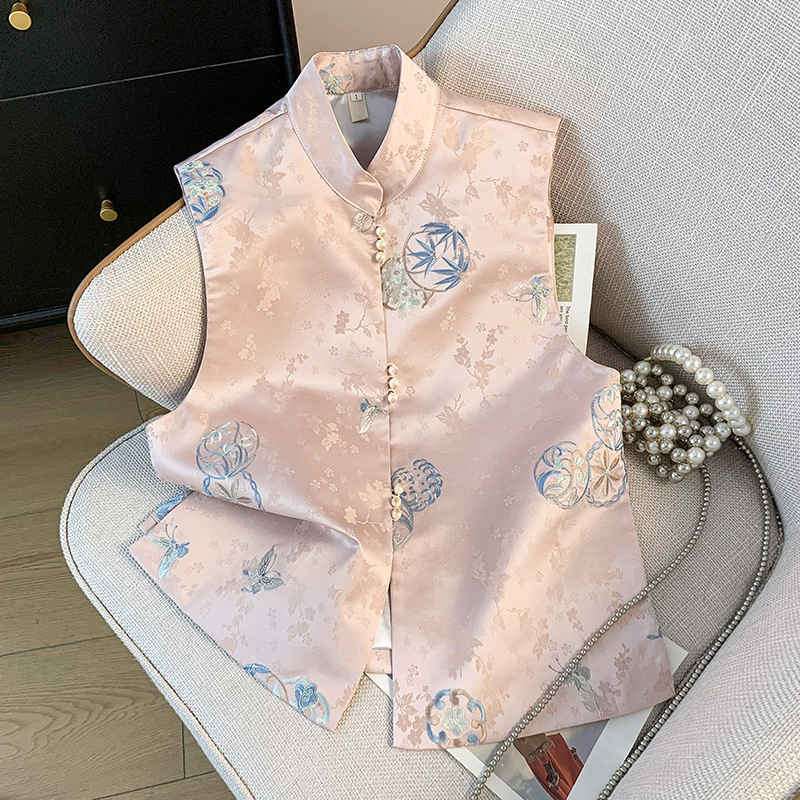 Real Shot New Chinese Hanfu Modified Round Neck Buckle Satin Jacquard Embroidered Vintage Charm Cardigan Vest Top
