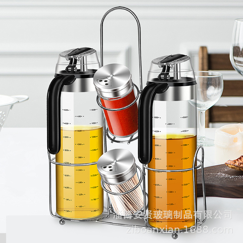 Juego de recipientes para condimentos de cocina, incluyendo frascos de aceite, botellas de aceite, botes para aceite, frascos para vinagre, frascos para condimentos y recipientes para almacenamiento de aceite.