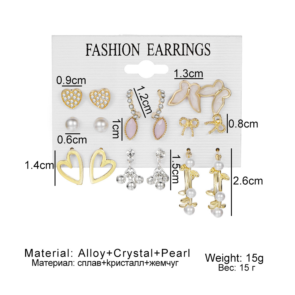 6 Paires Mode Forme De Cœur Fleur Papillon Perle D'imitation Alliage Placage Incruster Cristal Artificiel Femmes Boucles D'oreilles Boucles D'oreilles display picture 4