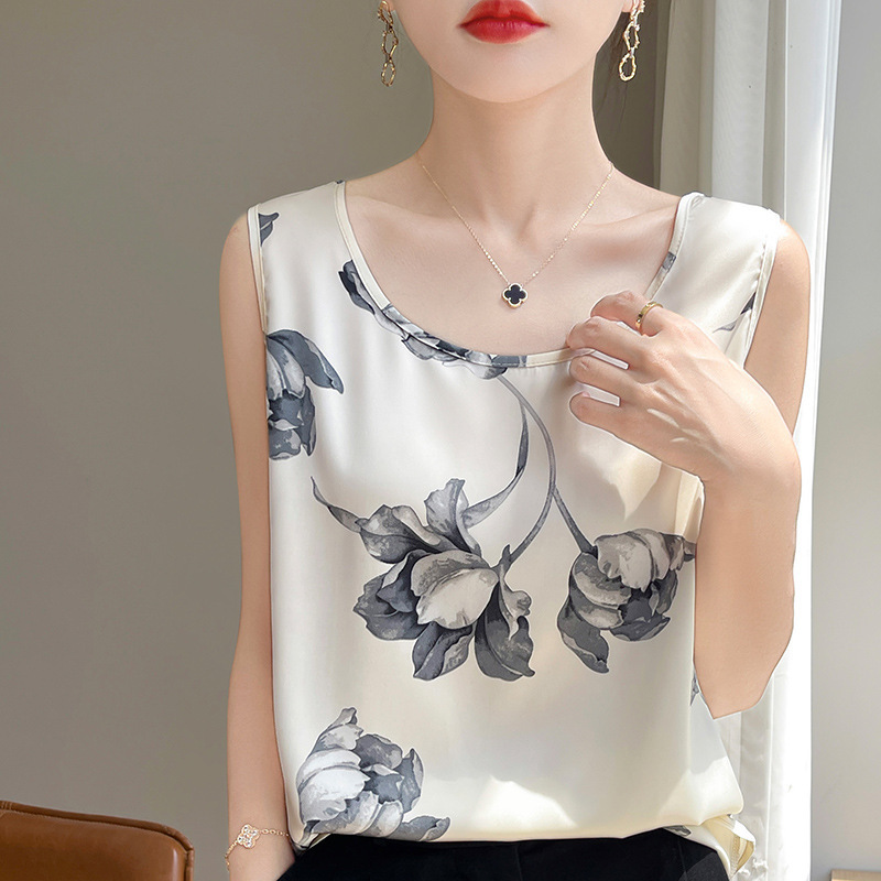 High-end Satin Camisole Women's Inner Suit Round Neck Sleeveless Bottoming Shirt Summer Printed Top with Suspenders