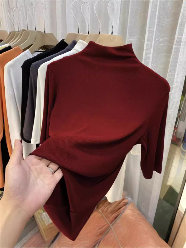 女性用ボトリングシャツ、夏用スリムフィットミッドスリーブトップ、ファッショナブルな2025新しいライト大人スタイルのハーフタートルネックセーター|undefined
