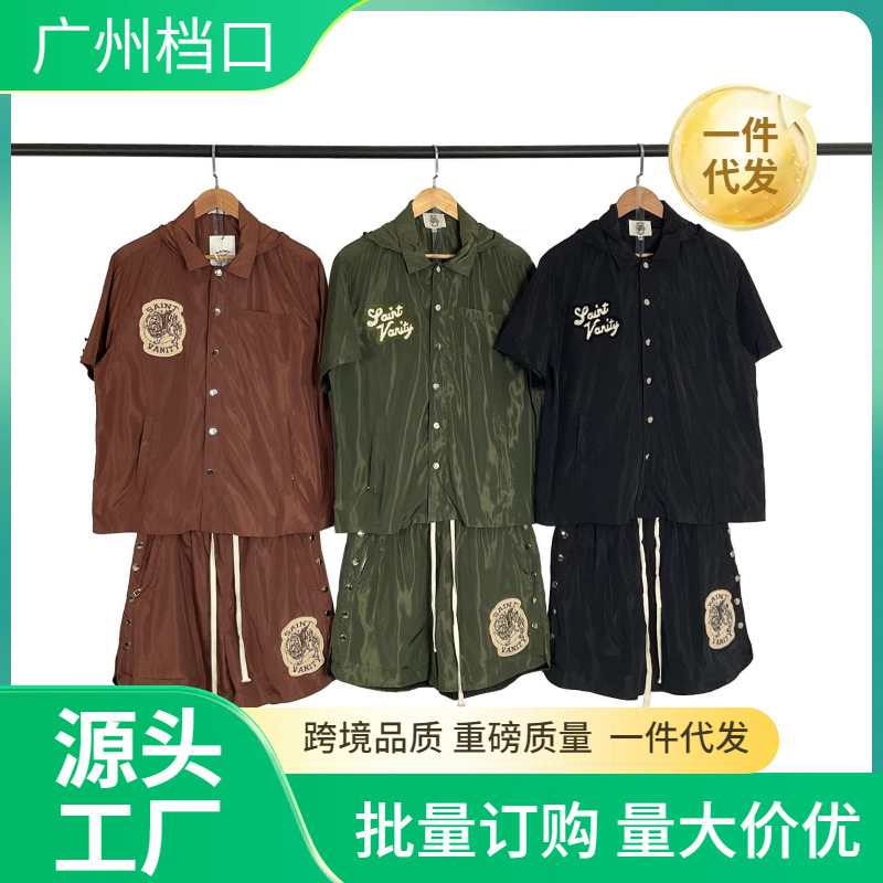 Cross-Border Export European and American Saint Letter Towel Embroidered Hooded Short-Sleeved Shirt Men's and Women's High Street Casual Shorts Suit