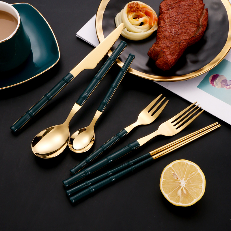 Cuchillo de acero inoxidable, tenedor y cuchara Hotel creativo vajilla occidental cuchillo de filete, tenedor y cuchara Palillos de bambú de imitación transfronteriza