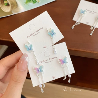 韩版超仙树脂珍珠蝴蝶耳环流苏女银针甜美气质轻奢高级感百搭耳饰