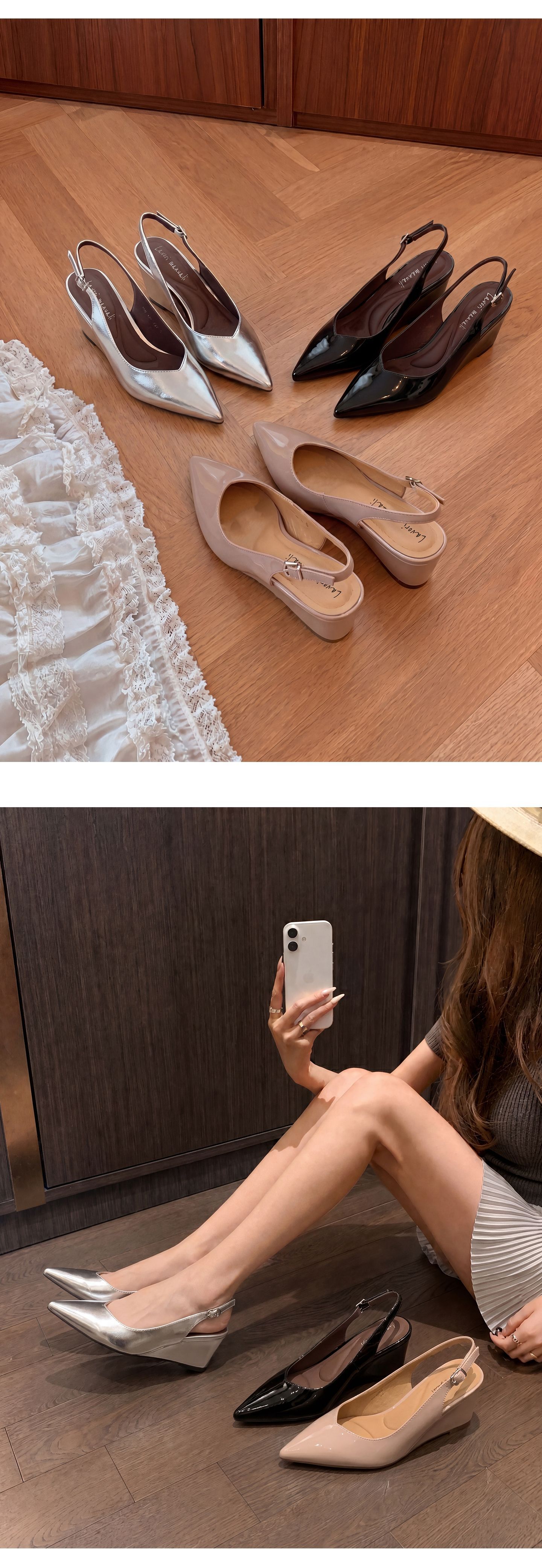 Giày cao gót nữ mũi nhọn quai hậu đế xuồng platform 9 cm — Trần truồng hồng, màu đen, bạc chi tiết 18