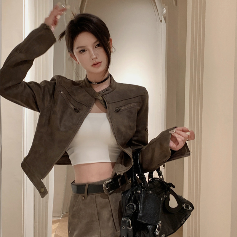 American Retro Autum Short Motorcycle Jacket for Women Spring and Autum 2025 New Suede Brown Handsome and Cool Jacket