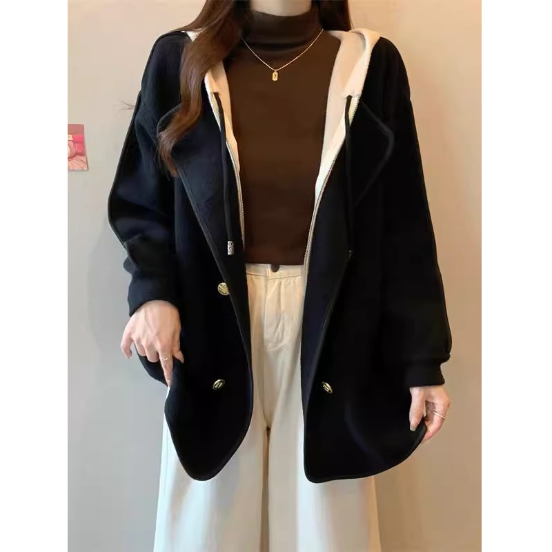 Plus Size Slimming Mid-Length Double-Sided Cashmere Cardigan Coat for Women, Color-Blocking Faux Two-Piece Jacket for Autumn and Winter