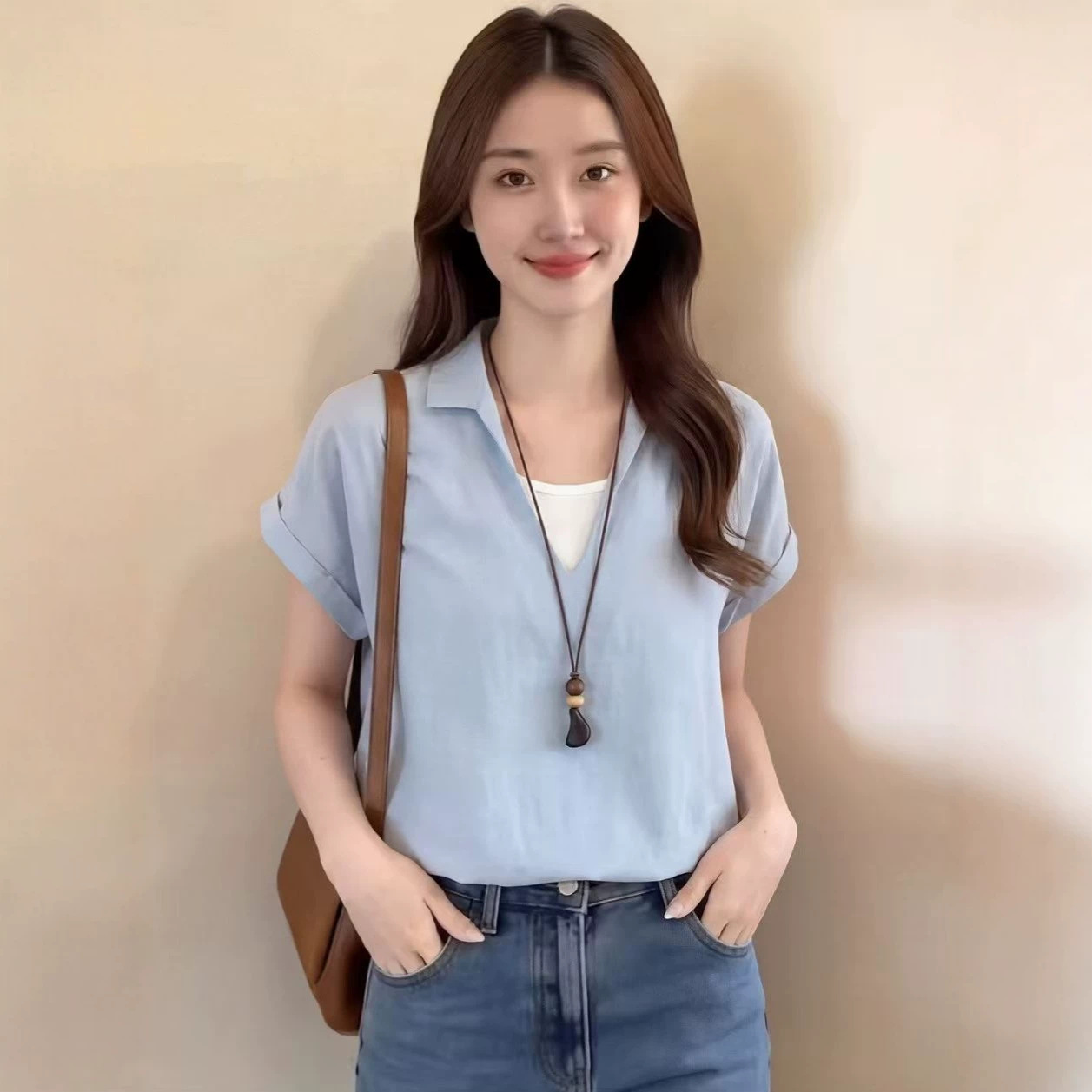 Áo sơ mi nữ cổ chữ V tay ngắn phối hai lớp màu xanh nhạt — màu xanh nhạt chi tiết 2
