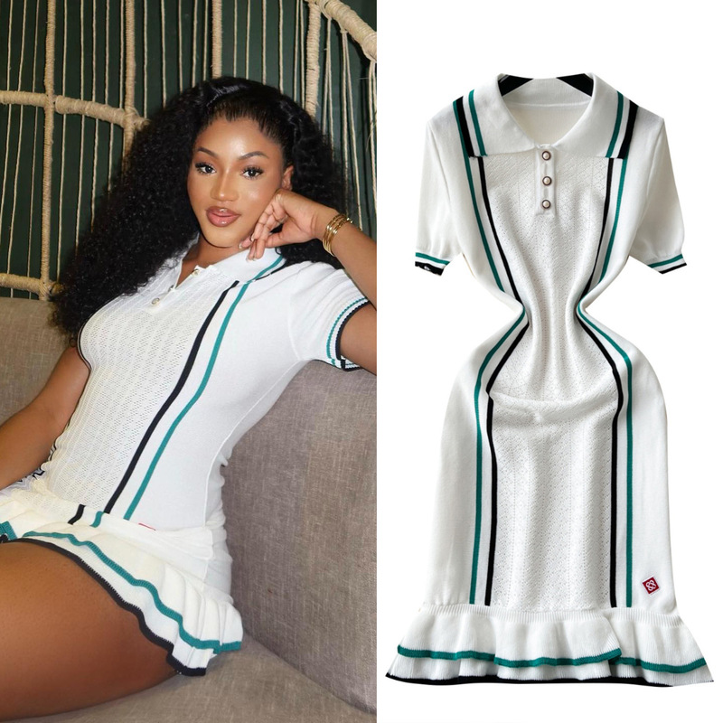 New Chanel-Style Knitted Dress for Women, French Retro Style with Contrasting Color, Waist-Cinching, Slimming, Ruffled Sweater Dress