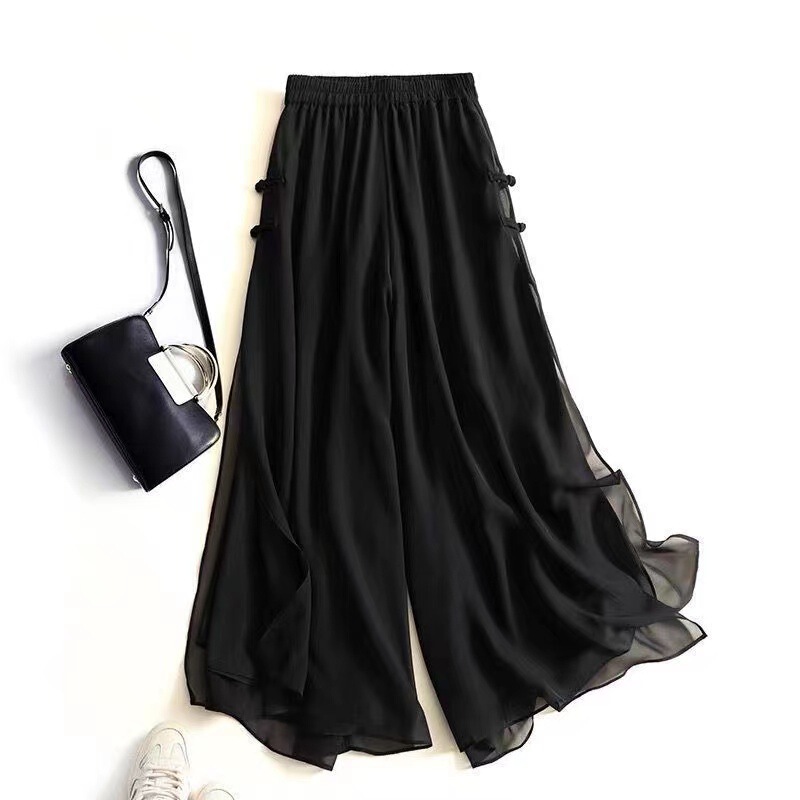 New Chinese Style Pants Skirt Women's Summer Thin Cropped Wide-leg Pants plus size chubby girl Loose Elegant Split Daggy Casual Pants