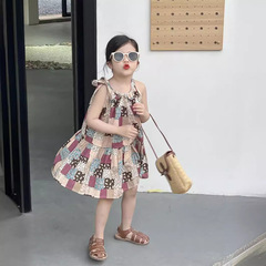 女童連衣裙2024夏裝裙子森系無袖掛脖碎花裙荷葉擺背心裙公主裙