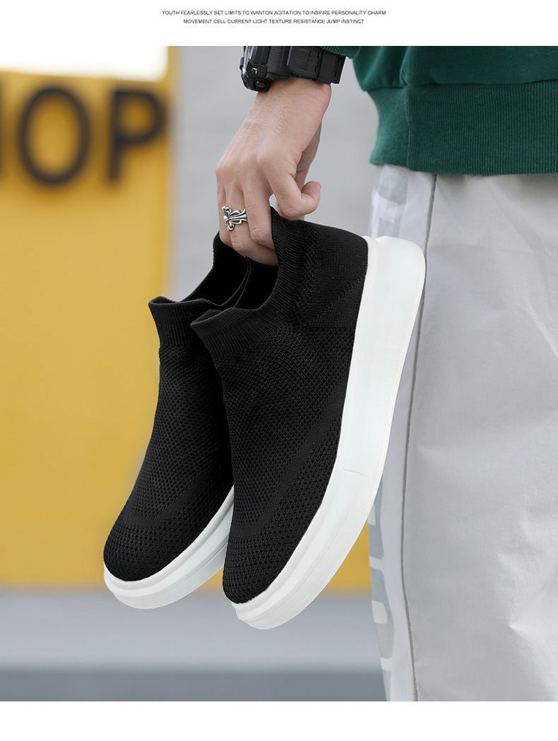 All black 45 breathable large size fly woven lazy foot men's sports and leisure shoes_voghion.com