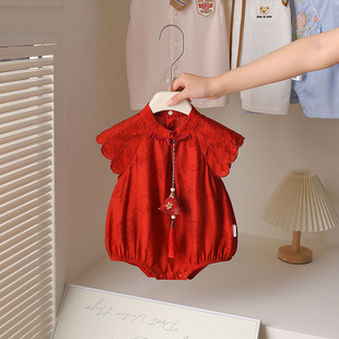 Baby Girl Chinese Style One Hundred Days Banquet Photo Dress One Year Old Girl National Style Red Cheongsam Full Moon Baby One-Body Dress