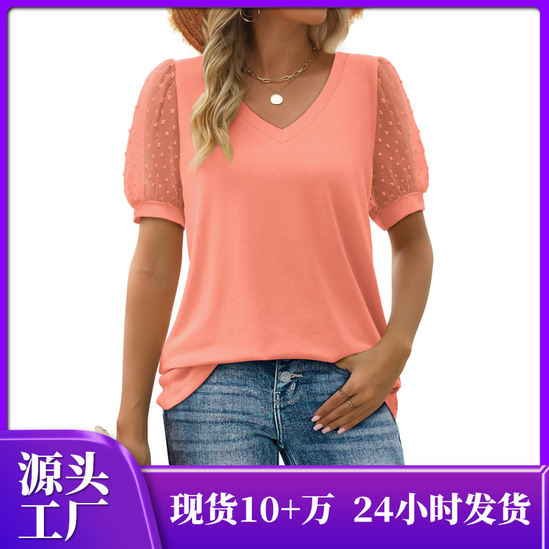外贸跨境亚马逊欧美蕾丝上衣 新款休闲宽松纯色v领t恤夏季短袖女
