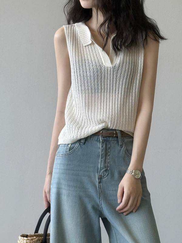 Yanshuang ポロ襟中空微透けニットベスト女性の夏のアウターウェア薄いノースリーブベスト Tシャツトップ P370|undefined
