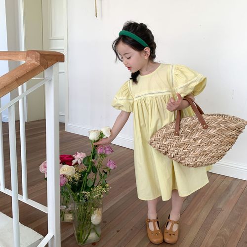 Elmo Beibei Girls Hollow Puff Sleeve Princess Dress Children's Korean Style Simple Western Style Thin Cotton Dress Summer