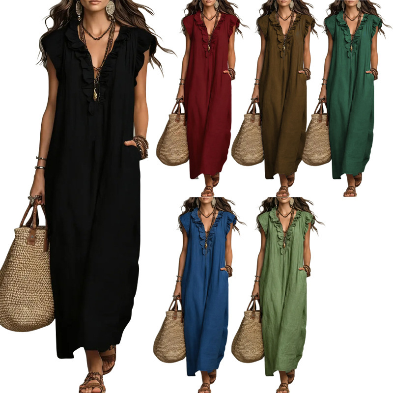 In-stock cross-border new Amazon women's elegant bohemian style long dress with deep V-neck and small flutter sleeves In-stock cross-border new Amazon women's elegant bohemian style long dress with deep V-neck and small flutter sleeves