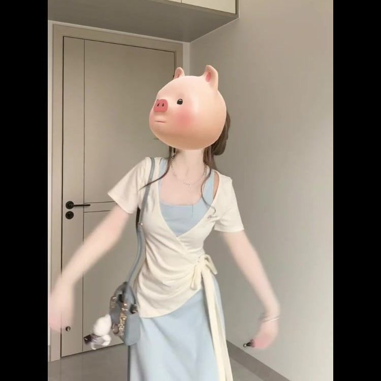 挂脖吊带连衣裙子女夏季新款收腰长裙显瘦交叉绑带刺绣上衣两件套|undefined