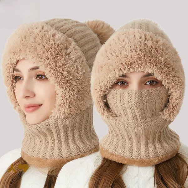 Knitted Hat Factory Cross-Border Amazon Thickened Velvet Hat Scarf Mask One-Piece Hat Winter Warm Hat for Women