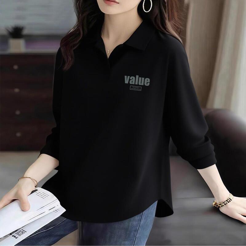 92% Cotton Spring and Autum New Polo Collar Long-Sleeved Women's Versatile Loose Large Size Curved Hem Slimming Look Top Ins 92% Cotton Spring and Autum New Polo Collar Long-Sleeved Women's Versatile Loose Large Size Curved Hem Slimming Look Top Ins