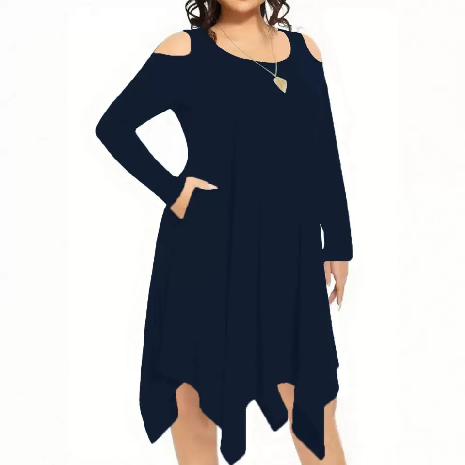 欧美亚马逊专供修身显瘦 时尚不规则设计感收腰款长袖大码连衣裙