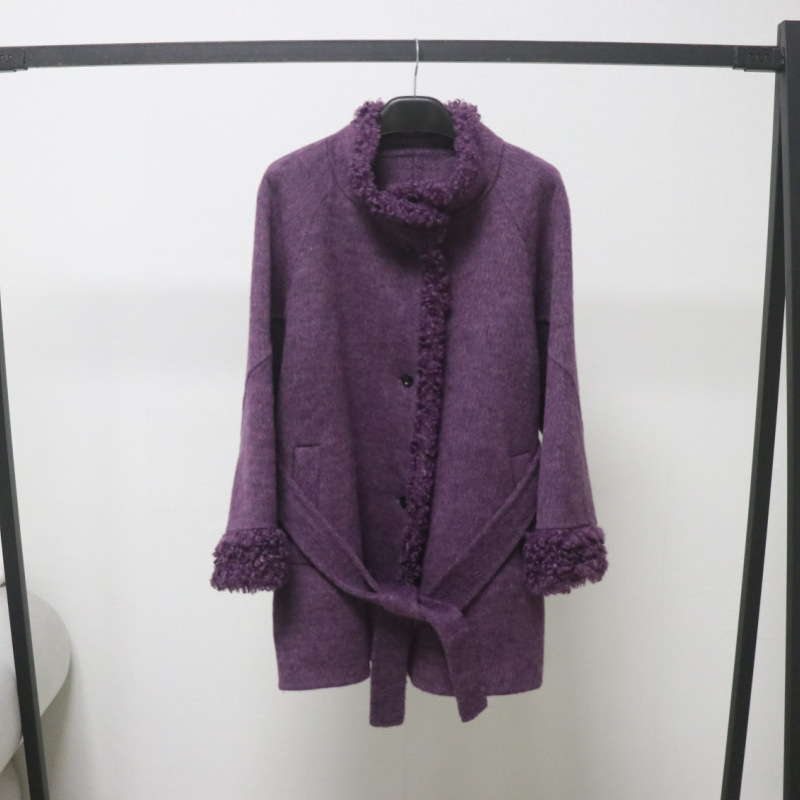 Vintage Taro Purple Frayed Edge Lace Wool Coat for Women, Stand Collar, Belted, Slimming, Mid-Length, Double-Sided Woolen Top Vintage Taro Purple Frayed Edge Lace Wool Coat for Women, Stand Collar, Belted, Slimming, Mid-Length, Double-Sided Woolen Top