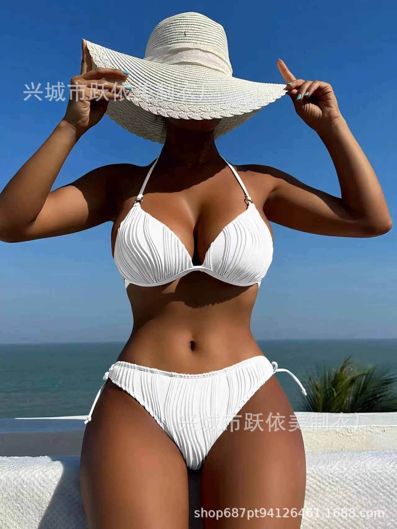 欧美新款游泳衣跨境性感分体带胸垫比基尼糖果色波浪法式三点详情1