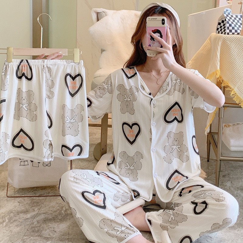 Explosión de tres piezas Cardigan pijama de mujer de verano de mangas cortas pantalones largos delgados se pueden usar dibujos animados dulce conjunto de ropa para el hogar