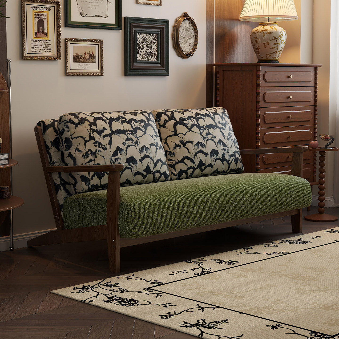 American Retro Solid Wood Double Multi-Person Small Apartment Bedroom Apartment Antique Style Fabric Small Sofa B&B Sofa