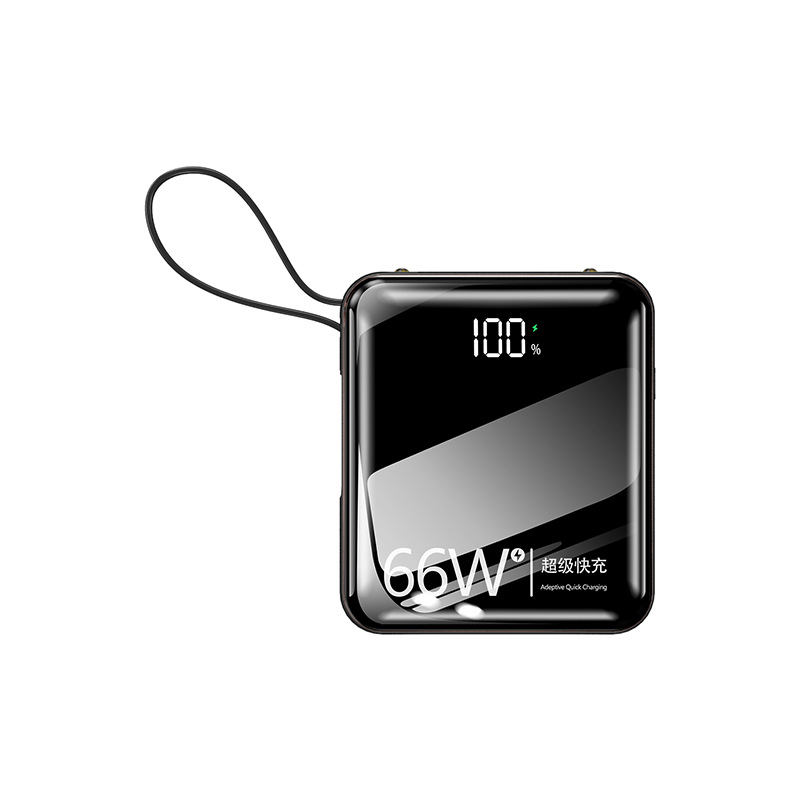 Banco de energía portátil mini de carga rápida bidireccional de 66W al por mayor, 10000 mAh de gran capacidad con cable integrado, fuente de alimentación móvil, personalizable.