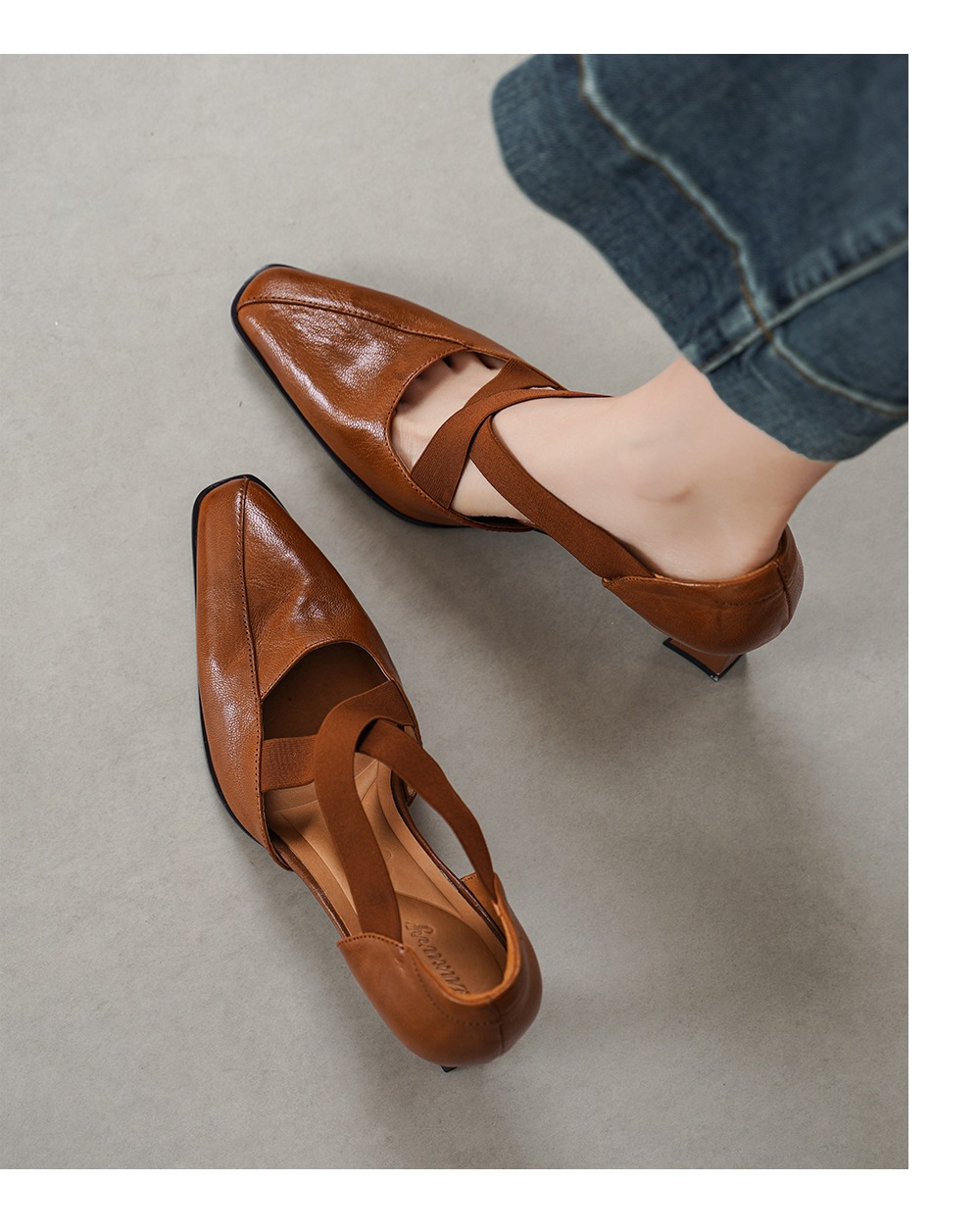 Sandal cao gót nữ da cừu mũi trùm cổ điển, gót vuông ổn định, quai thun co giãn — đen chi tiết 8