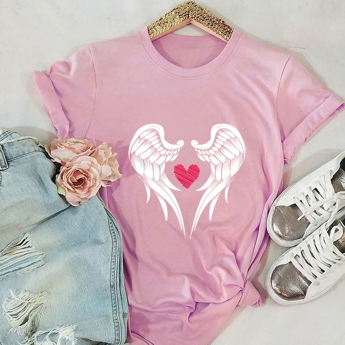 popular camiseta de algodón puro con alas y corazones NSSN40351