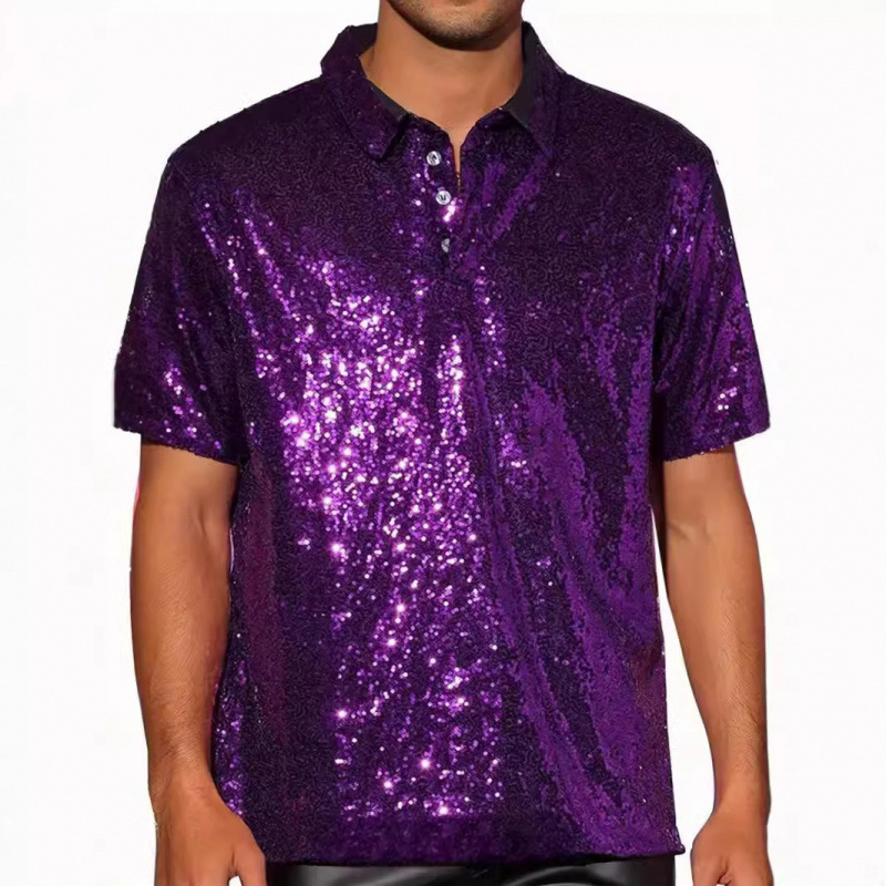Foreign Trade Cross-Border Men's Sequin-Decorated T-Shirt Retro Disco Polo Men's Shirt T-Shirt