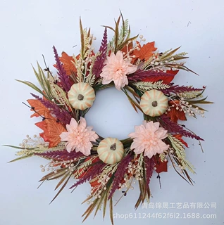 独立站秋季白南瓜枫叶花环仿真花花环亚马逊感恩节丰收节秋季花环