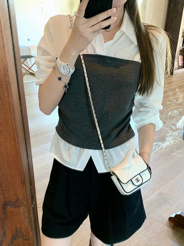 槿一 高智office lady·秋季新款米白假两件收腰长袖衬衫女设计感|undefined