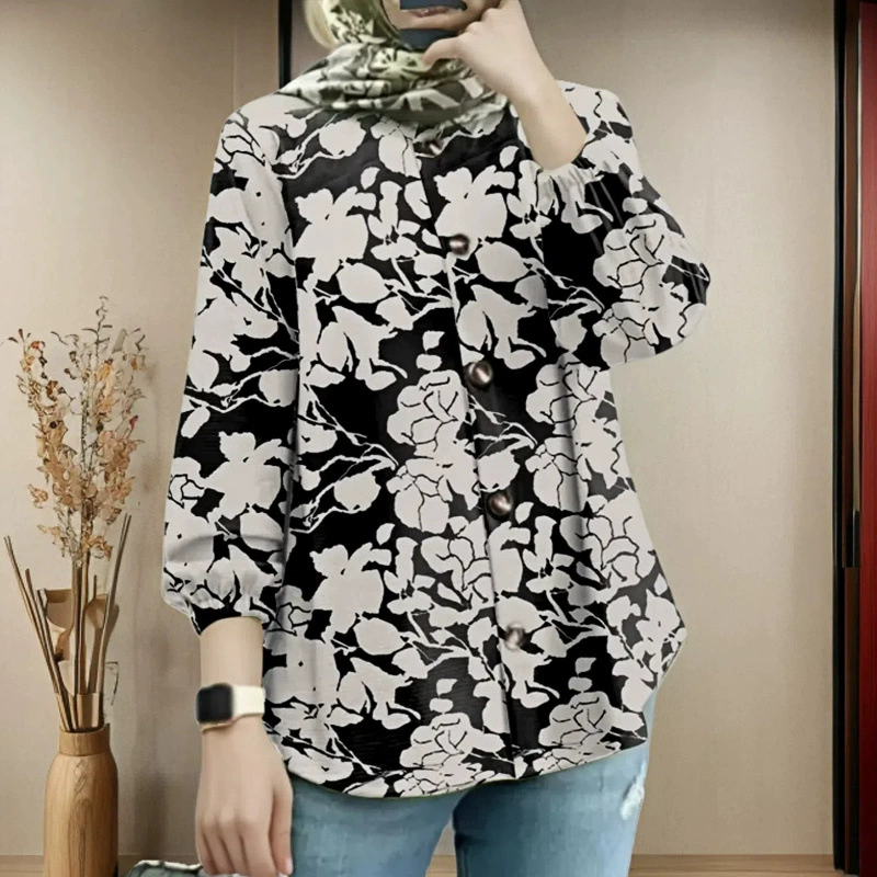 В наличии новая женская свободная модная рубашка больших размеров с пышными рукавами и принтом на пуговицах спереди, в наличии