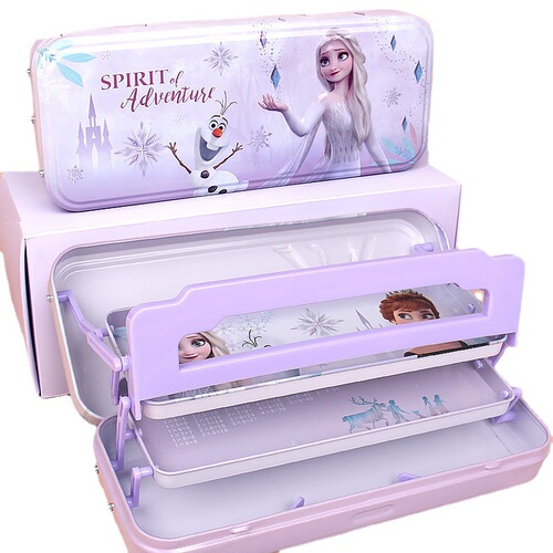Disney stationery box tinplate multi-functional three-layer pencil box Frozen with reading bookshelf primary school student pencil box