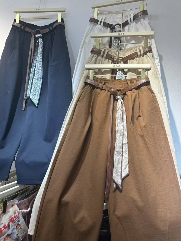 丝巾+飘带钛金棉西装阔腿裤女夏季高腰垂感宽松慵懒风休闲直筒裤|undefined