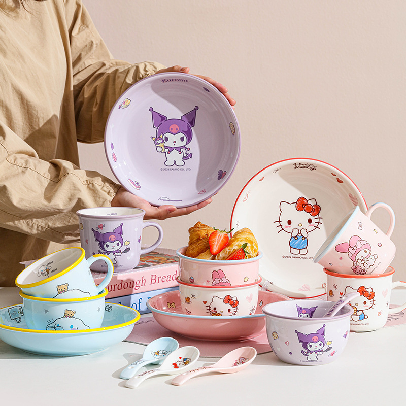 三丽鸥陶瓷碗凯蒂猫圆盘家用儿童餐具卡通碗碟盘水杯勺子筷子套装|undefined