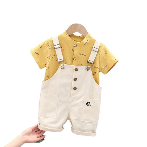 Summer Short Sleeve Ins Cute Print Smiley Overalls Set Children's Set 2020 Korean Version Fashion for Middle and Small Children