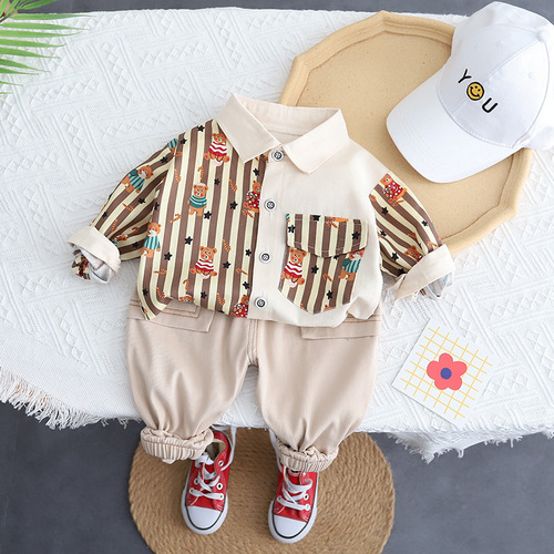  Spring New Boys' Collar Color Matching Shirt Long Sleeve Set Casual Pants Two-Piece Suit for Baby Boys 