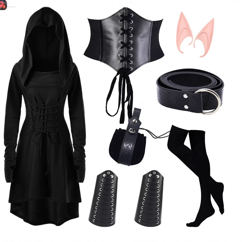 Женский костюм феи эпохи Возрождения, комплект из 7 предметов, средневековый халат с капюшоном, уши эльфа