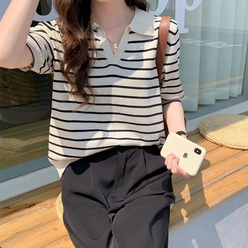 Summer New Style Polo Collar Striped Knit T-Shirt for Women 2024 Simple Korean Style Turn-Down V-Neck Loose Top Short Sleeve