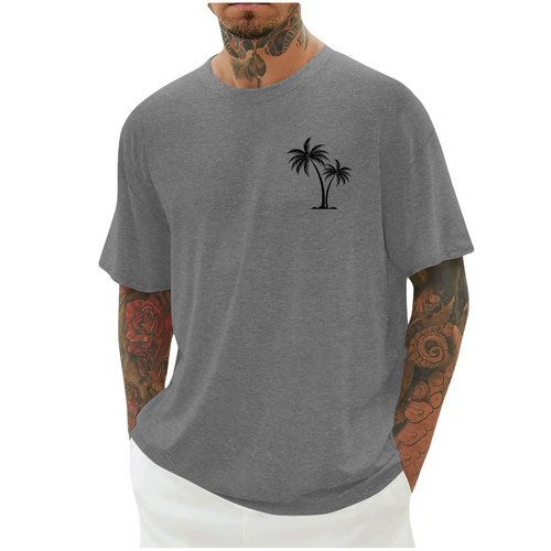 New Amazon Men's Clothing, Men's Drop Shoulder Sleeve Solid Color Top, Sporty Casual Coconut Tree Print Short-Sleeve T-Shirt
