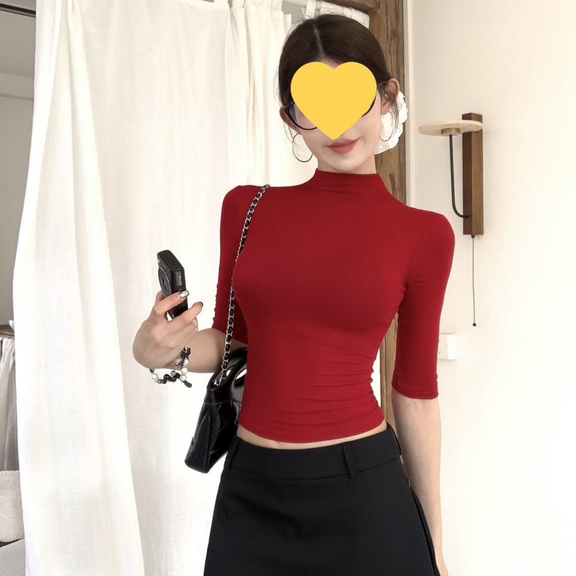 Slim-Fit Half-High Collar Mid-Sleeve Base Top Summer New Versatile Tight-Fitting Stretchy Niche Thin T-Shirt