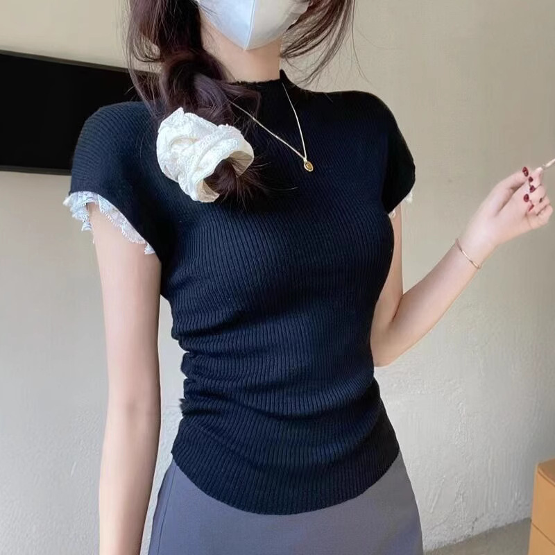 Cross-Border Lace Splicing Knitted Sleeveless Women's Summer Thin Design Niche Pleated Waist Slimming Bottoming Shirt Top